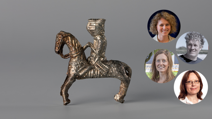 Liten jernfigur av en mann til hest. Til høyre fire portrettbilder av tre damer og en mann.