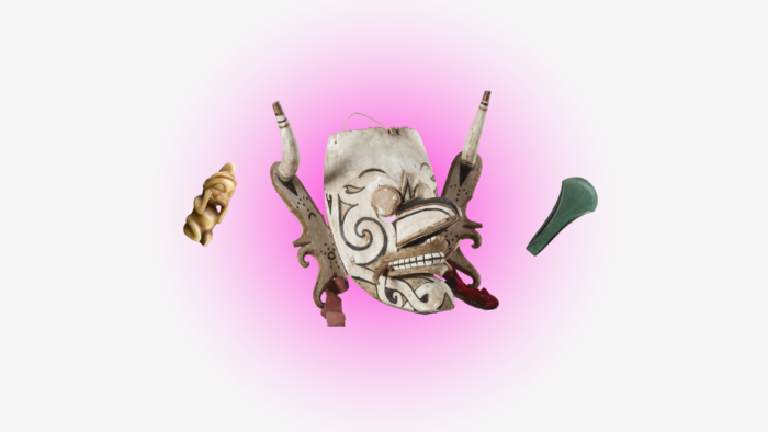 Three artifacts on top of a gradiant pink background